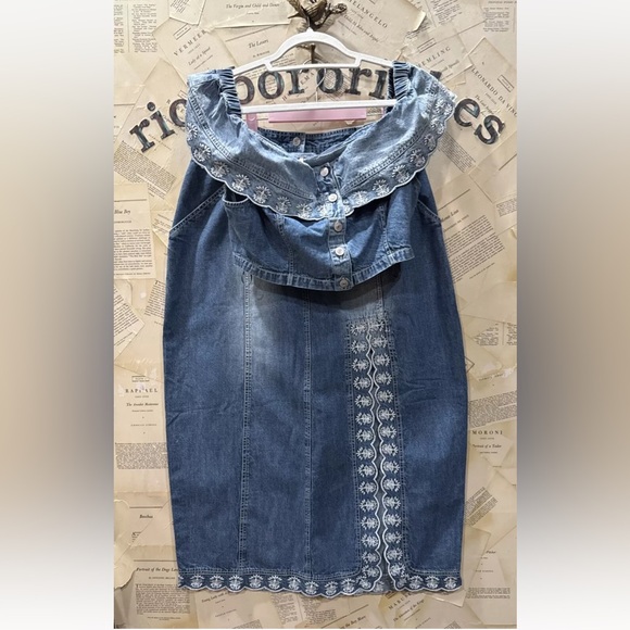Free People Kora Set Denim Off The Shoulder Top Skirt Embroidered Trim Blue - Picture 9 of 9